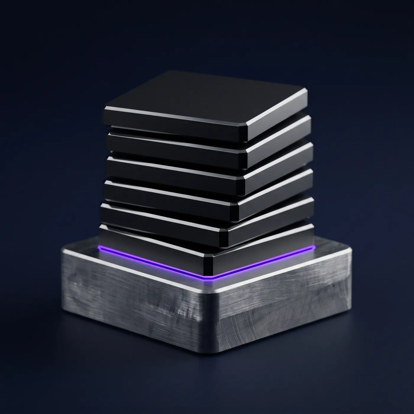 Abstract render: a stack of thin machined plates, each slightly offset, resting on a heavier milled aluminium base with a violet-lit seam where the two meet