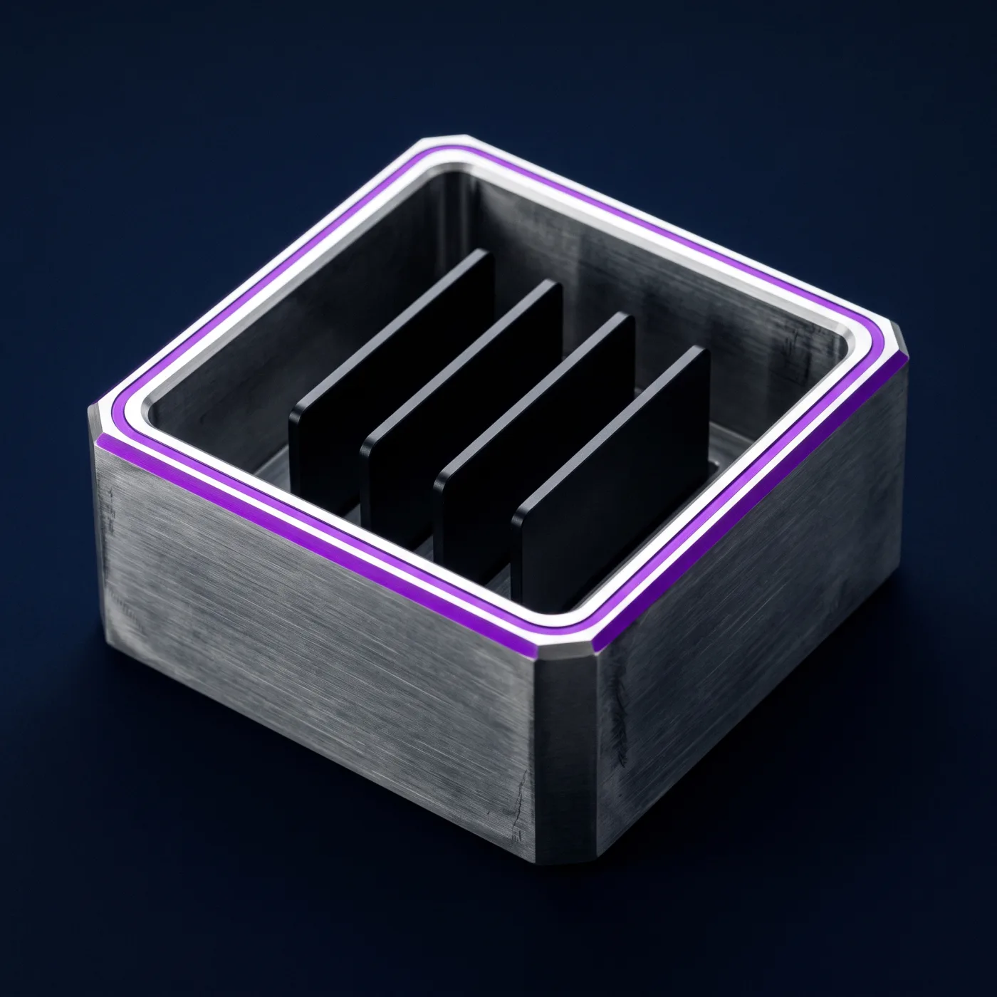 Abstract render: a hollow square of brushed metal with a violet rim, dark plates standing inside