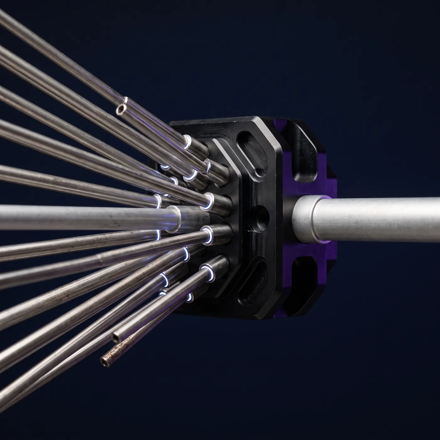 Abstract render: many machined metal conduits converging into a single milled block, one thicker conduit leaving the far side.