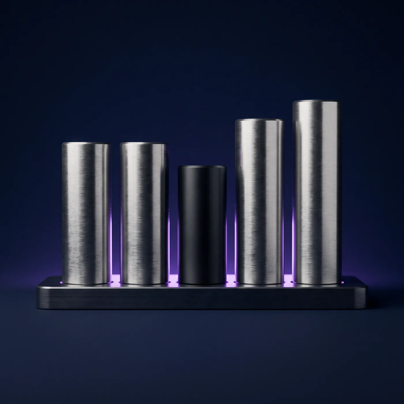 Five machined metal cylinders of differing heights on a milled plate, one of them shorter and matte black &mdash; the source that is not paying its way.